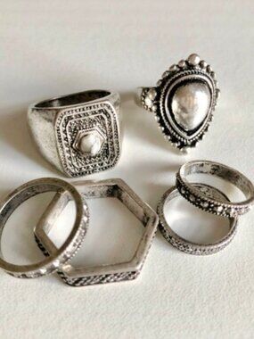 Boho Burnished Silver Fashion Rings Set of 6